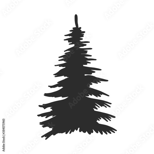 Tree, Christmas fir tree, black silhouette isolated on white background. Vector, spruce tree silhouette, vector illustration