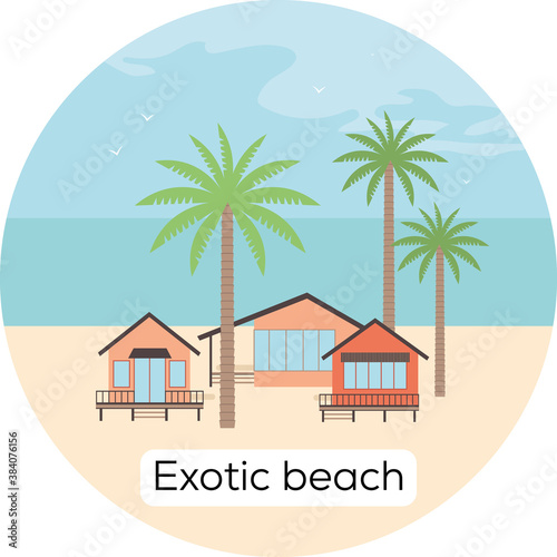 Exotic beach, bungalows and palm trees, Sea Vector illustration