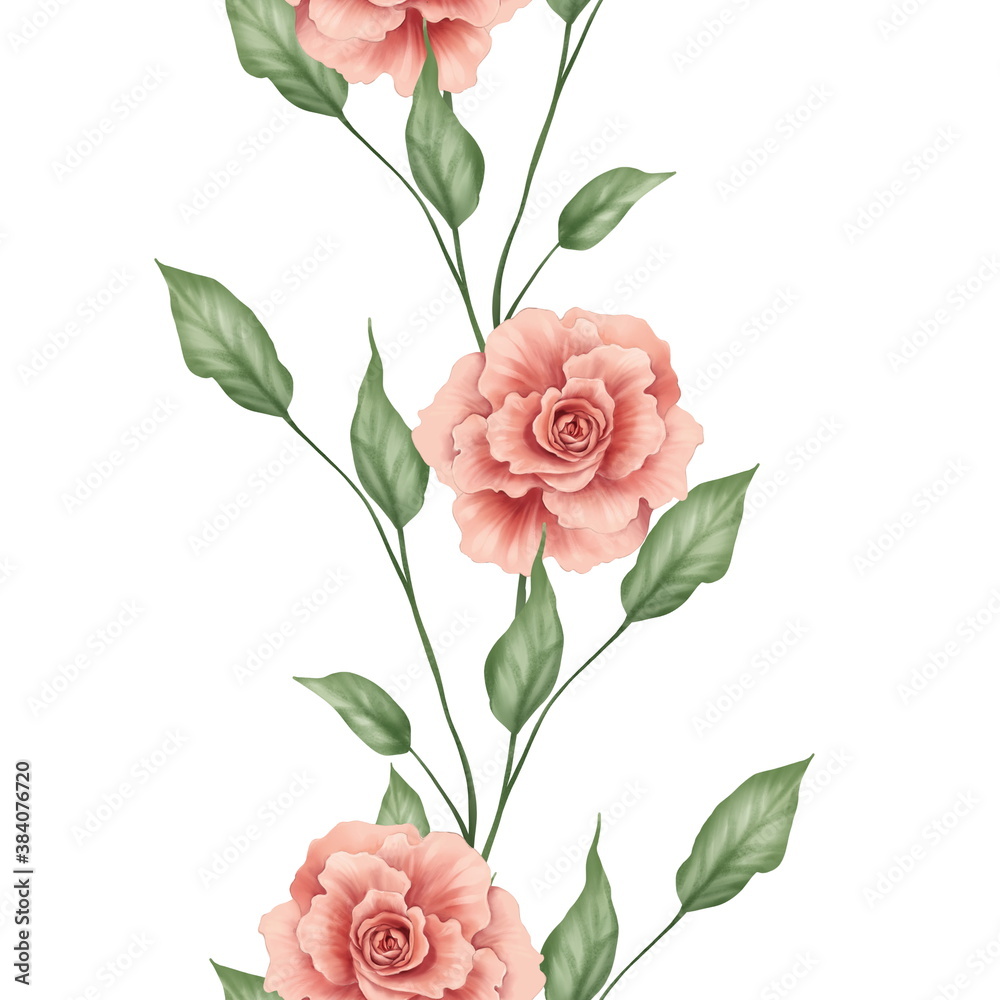 Seamless floral pattern. Border of roses isolated on white background