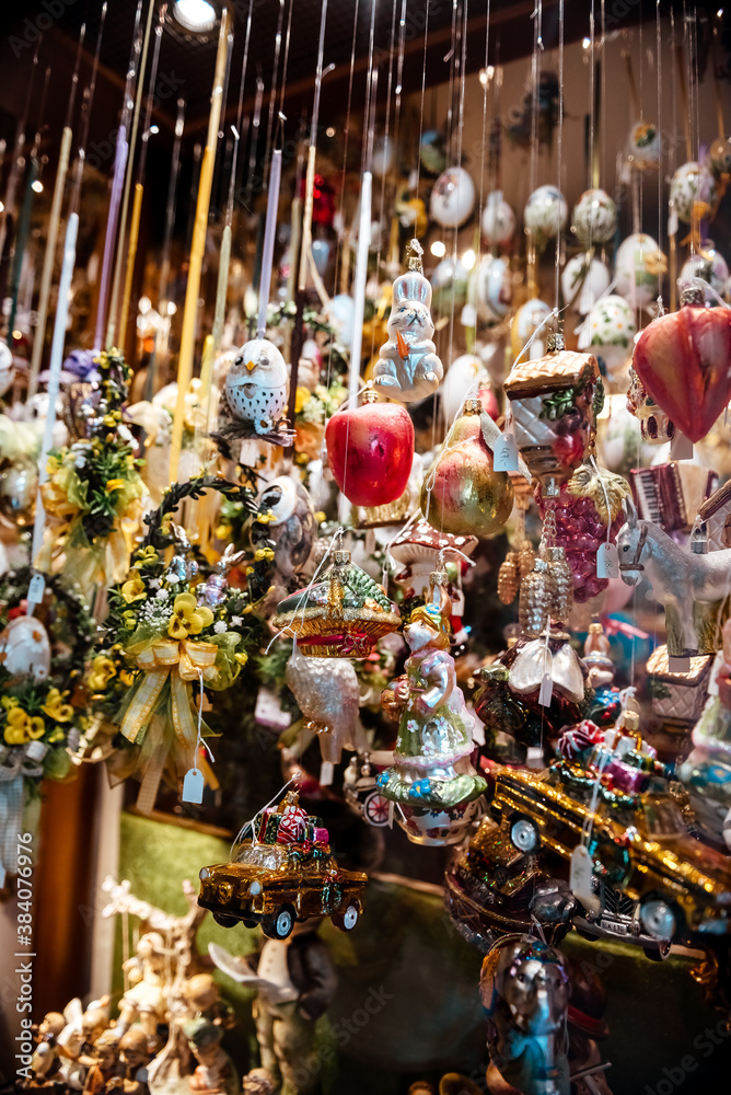 Christmas and Holiday Decorations. Handmade decorations at christmas market.
