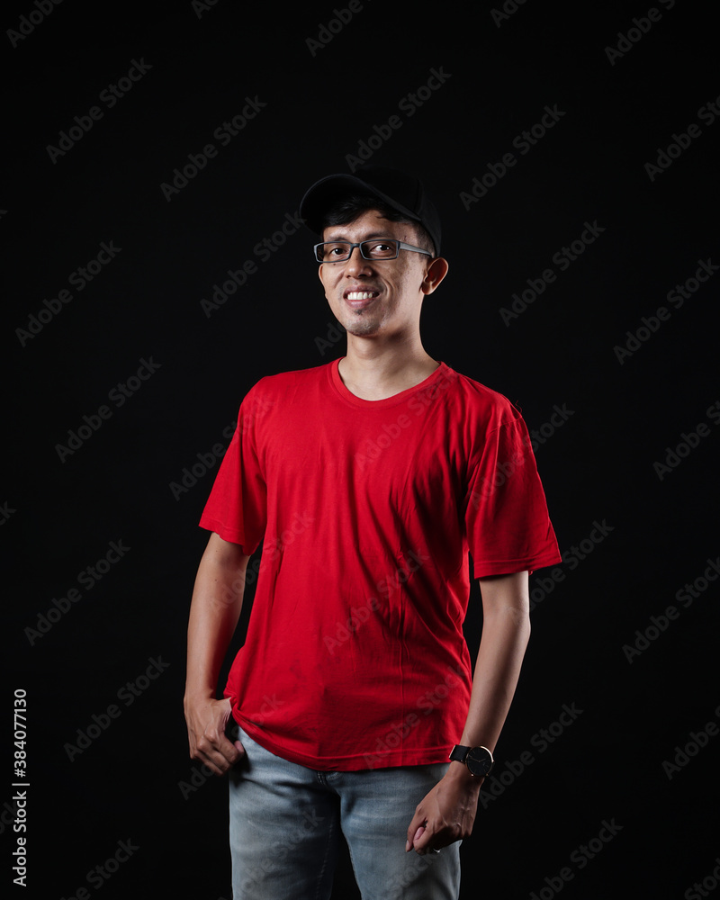 Young men in empty red T-shirts, stylish and posing like famous T-shirt models. Men's t-shirt template and mockup design for print. Young men in empty red T-shirts, stylish and posing like famous T-shirt models. Men's t-shirt template and mockup design for print.