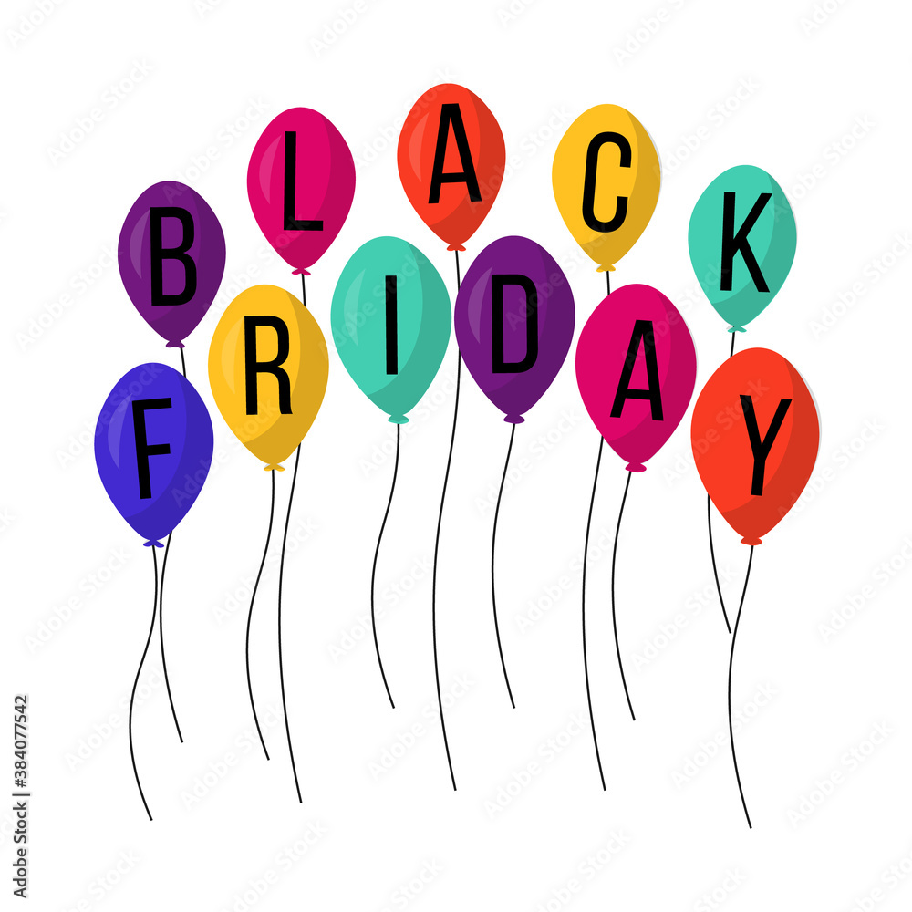 Web illustration with shopping elements about black friday day. Sale poster with shiny multicolor balloons on white background. Isolated vector icons for internet shop Web illustration with shopping elements about black friday day. Sale poster with shiny multicolor balloons on white background. Isolated vector icons for internet shop