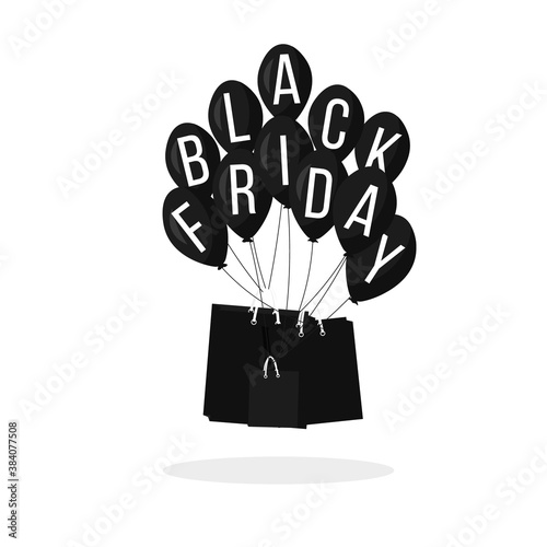 Web illustration with shopping elements about black friday day. Sale poster with black shiny balloons and paper bags on white background. Isolated vector icons for internet shop