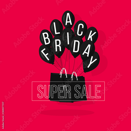 Web illustration with shopping elements about black friday day. Sale poster with back shiny balloons on pink background. Isolated vector icons for internet shop