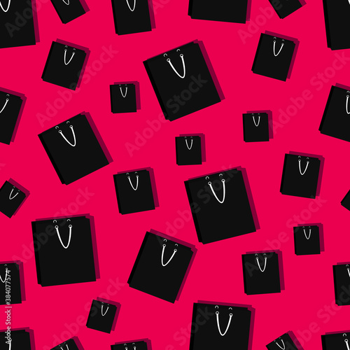 seamless pattern with black paper bag on pink background. cute sale banner on black friday. illustration in flat style