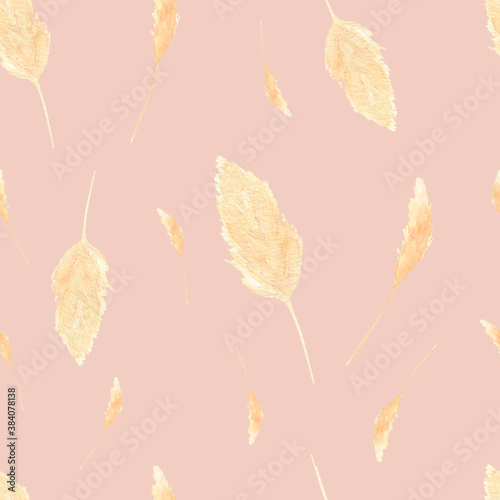 Boho watercolor seamless pattern with dry leaves and flowers. Soft warm palette. Watercolor habd-drawn pampas grass  tropical exotic pattern. Perfect for textile  fabric  covers  wedding invitation. 