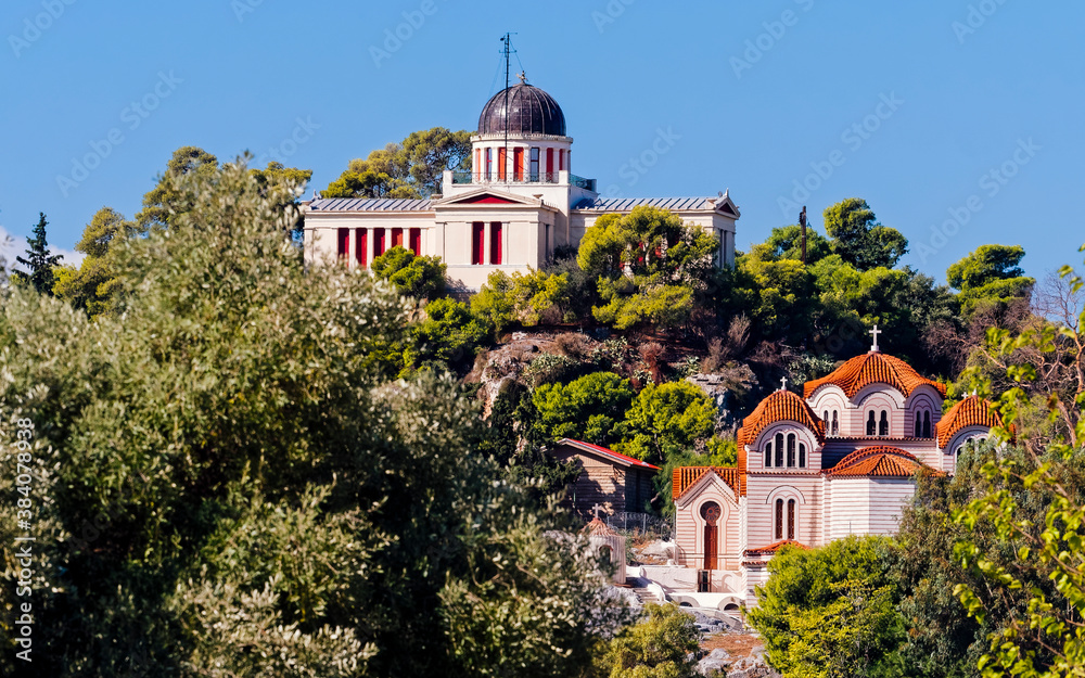 the national observatory of Athens and St. Marey orthodox church on top of the nymphs hill, Greece
