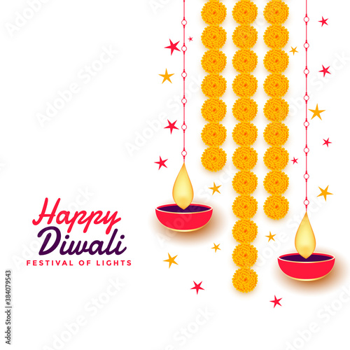 happy diwali background with diya and marigold flower