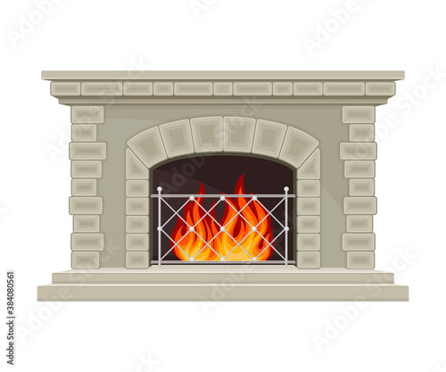 Stone Fireplace or Hearth with Mantelpiece and Burning Fire Vector Illustration