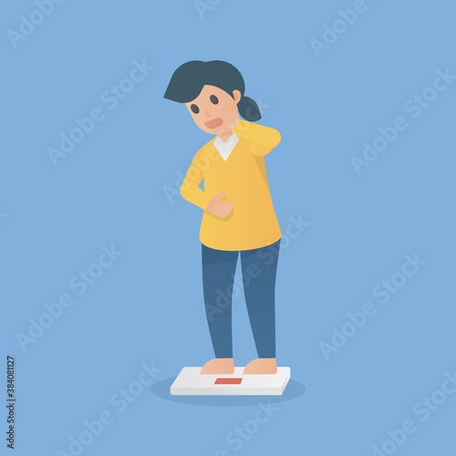 big fat woman standing on an electronic scale for weighing body weight,she was shocked by the weight yourself gain,Health care concept,Vector illustration.