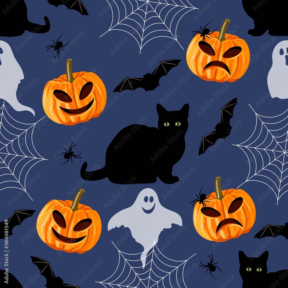 Halloween seamless pattern with black cat, bat, spider, web and pumpkin. Halloween seamless pattern with black cat, bat, spider, web and pumpkin.