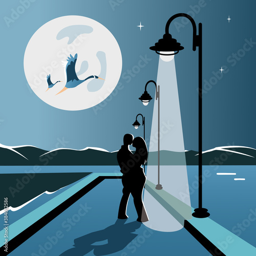 A guy and a girl are standing under a street lamp. Storks fly in the sky. Vector illustration