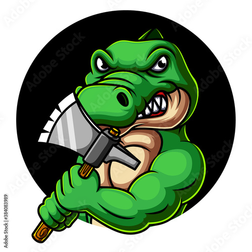 Crocodile holding axe mascot logo design