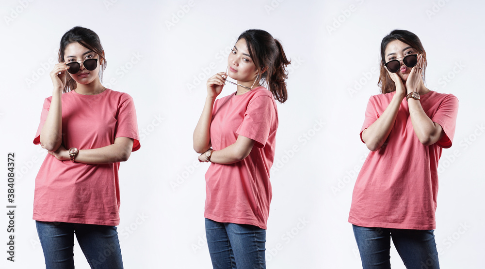 Front portrait with various styles of a young woman. Young woman with a blank pink tshirt, front and back views, isolated white background with cutouts. Design template and women's tshirt mockups. Front portrait with various styles of a young woman. Young woman with a blank pink tshirt, front and back views, isolated white background with cutouts. Design template and women's tshirt mockups.
