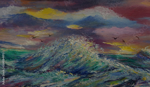 Art oil painting Nature , wave sea abstract , design , background from thailand