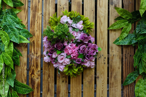 Flower decoration on wood background, wedding scene 