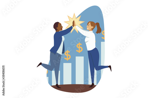 Success, goal achievement, winning, teamwork, business concept. Team of young african american businesspwomen winners clerks managers characters giving high five to each other. Successful investment.