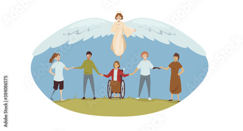 Protection, disability, support, religion, christianity concept. Angel biblical religious character protecting young happy handicapped injured disabled people men women. Divine help and healthcare.
