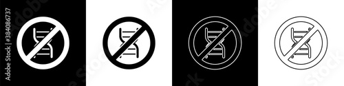 Set Stop GMO icon isolated on black and white background. Genetically modified organism acronym. Dna food modification. Vector.