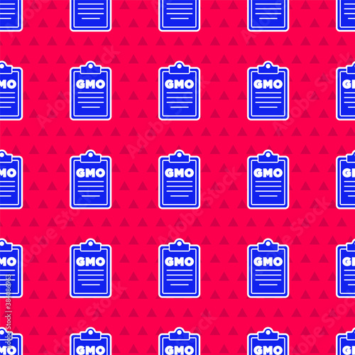 Blue GMO icon isolated seamless pattern on red background. Genetically modified organism acronym. Dna food modification. Vector.