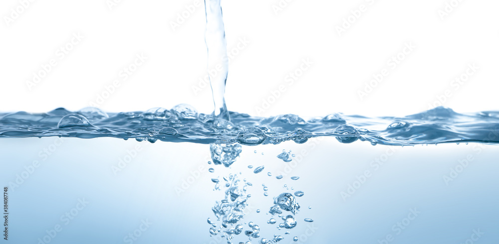 Water splash Aqua flowing in waves and creating bubbles Drops on the water surface feel fresh and clean isolated on white background Water splash Aqua flowing in waves and creating bubbles Drops on the water surface feel fresh and clean isolated on white background
