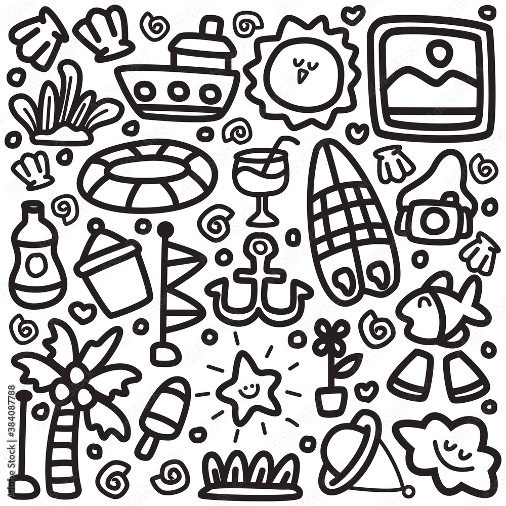 Hand drawn kawaii doodle cartoon beach designs for wallpapers, stickers, logos, emblems, pins, coloring books