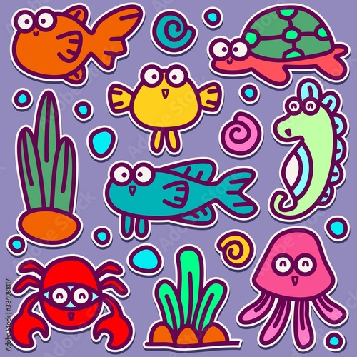 hand drawn kawaii doodle cartoon fish sticker designs for wallpapers, stickers, logos, emblems, pins, coloring books