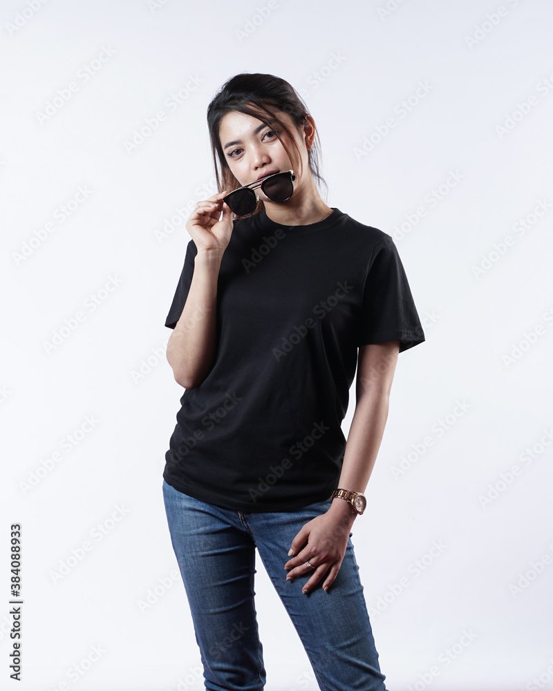 Front view black t-shirt Closeup on female body, woman girl in empty BLACK t-shirt isolated on white background. Design woman t-shirt template and mockup for print. Front view black t-shirt Closeup on female body, woman girl in empty BLACK t-shirt isolated on white background. Design woman t-shirt template and mockup for print.