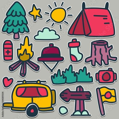 kawaii doodle cartoon camper designs for stickers, coloring books, backgrounds, pins, emblems, logos and more