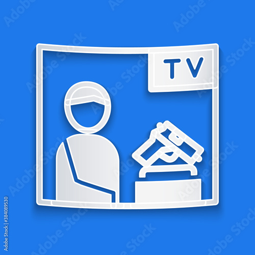 Paper cut Television advertising weapon icon isolated on blue background. Police or military handgun. Small firearm. Paper art style. Vector.