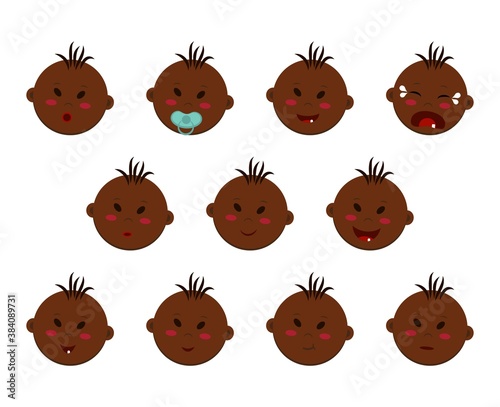 Vector set of heads of a dark-skinned boy with different facial expressions and moods. Chubby emoji texture with brown skin and slanting eyes