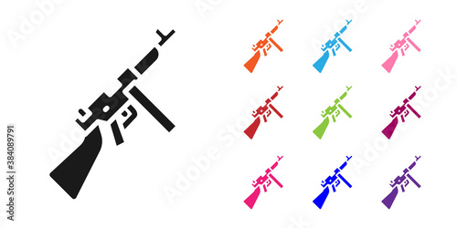 Black Thompson tommy submachine gun icon isolated on white background. American submachine gun. Set icons colorful. Vector.