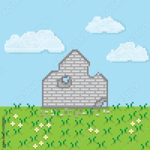 The broken wall on garden pixel art. Vector pixel art.