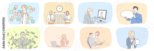 Success, business, profit, plan, time management, communication, wealth, teamwork set concept. Collection of businessmen women clerks managers work together in office planning strategy talking online.