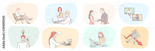 Success, business, meeting, crisis, bankruptcy, partnership, brainstorming, communication, teamwork set. Collection businessmen women managers freelancers working together making deal talking online.