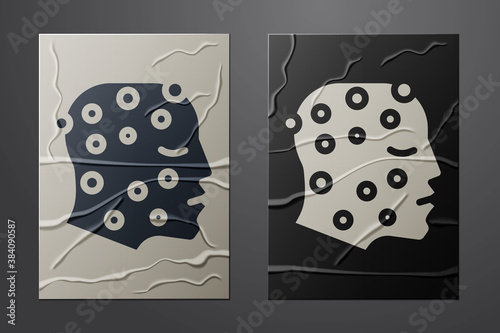 White Face with psoriasis or eczema rash icon isolated on crumpled paper background. Concept of human skin response to allergen or chronic body problem. Paper art style. Vector.