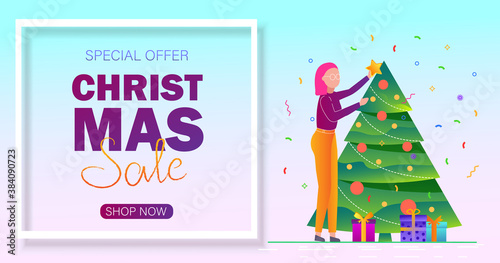 Christmas sale background. Merry Christmas sale card with people