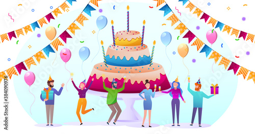 Happy Birthday. The company of young people celebrates the holiday with a cake and gifts.