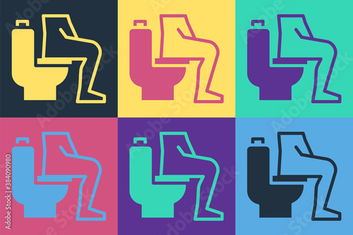 Pop art Men sitting on the toilet and Constipation are experiencing severe abdominal pain icon isolated on color background. Vector.