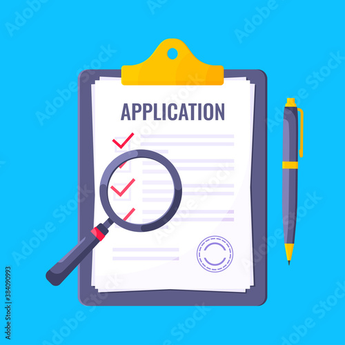 Application submit document form flat style design icon sign vector illustration isolated on white background. Complete application or survey document business concept with text contract stamp.