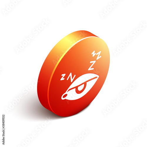 Isometric Insomnia icon isolated on white background. Sleep disorder with capillaries and pupils. Fatigue and stress. Orange circle button. Vector.