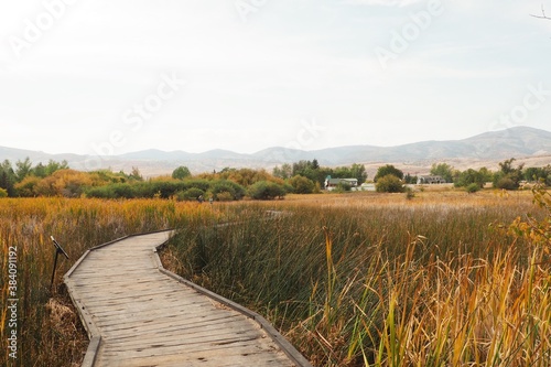 Taking a stroll along the boardwalk through the fields and marshlands to the beach. Bear Lake, Utah.