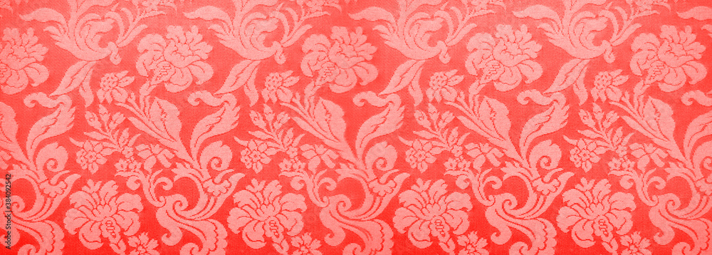 French red tapestry wall texture, baroque background, luxury banner with floral pattern
