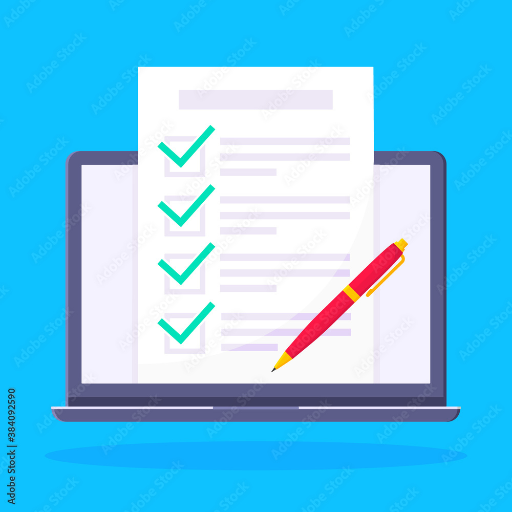 Complete checklist with check marks tick popped above the notebook laptop monitor screen icon vector illustration. Technology concept of online survey isolated on blue background. Complete checklist with check marks tick popped above the notebook laptop monitor screen icon vector illustration. Technology concept of online survey isolated on blue background.