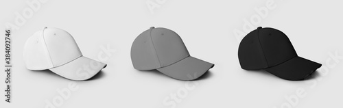 Photography Set of assorted sports baseball caps, side view, for presentation of design and pattern