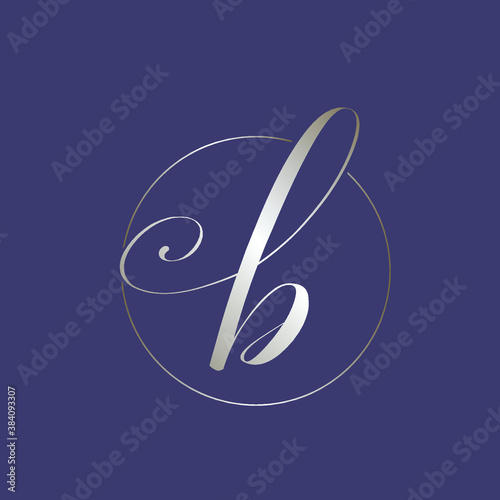 Letter b logo.Elegant lowercase alphabet initial b with decorative swirl in a circle.Shiny metallic color icon isolated on dark purple background.