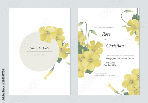 Floral wedding invitation card template design, Oxalis stricta flowers and leaves on white