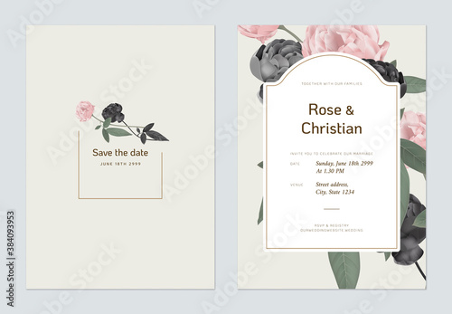 Floral wedding invitation card template design, black and pink rose with leaves