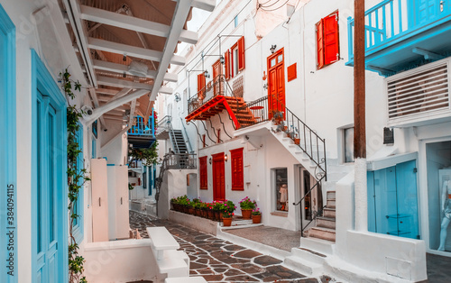 Fototapeta Naklejka Na Ścianę i Meble -  Old Traditional greek street of Mykonos with colourful houses, Greece