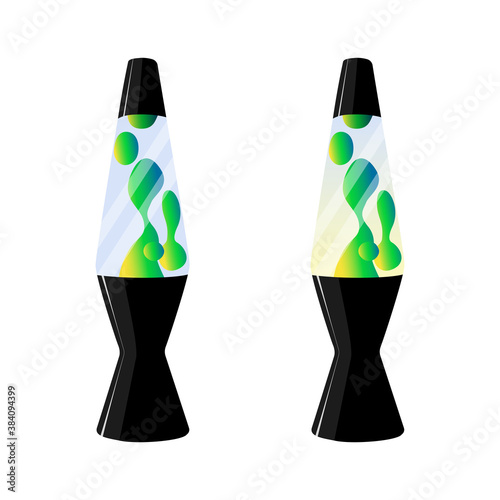 Green Lava lamp with liquid gradient. Concept of 70s decor astro lamp.